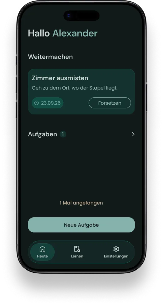 Home screen with the task to continue