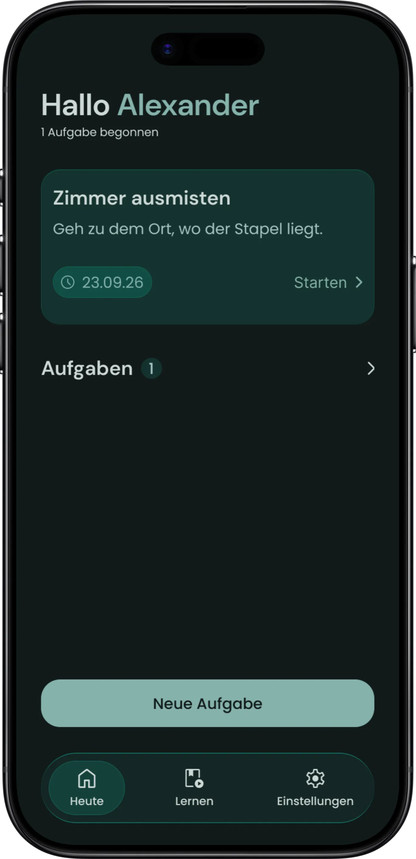 Startseite vor dem Test: Die Karte zum Wiedereinstieg hat keine Überschrift.