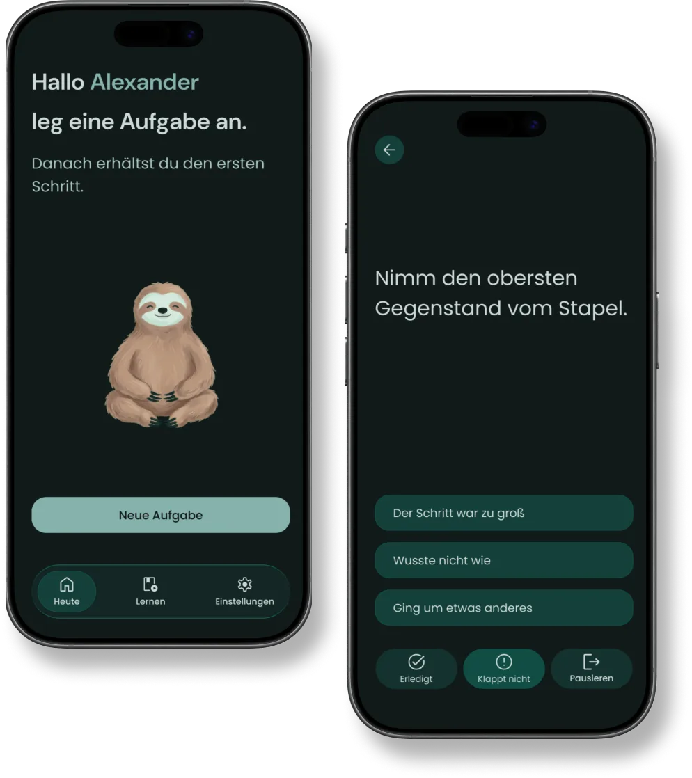 Two screens of the Step Zero app: creating a new task and working on its first step.